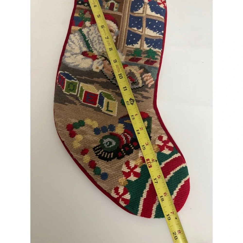 Vintage Needlepoint Christmas Stocking Santa Workshop Train Velvet Back 20 inch